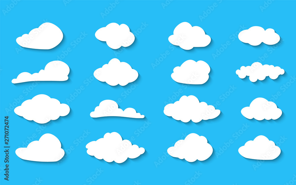 Aufkleber Clouds collection Vector illustration. White cloudy set isolated on blue background. White clouds of different shapes. Blue Cloud icon, cloud shape. Set of different sky.