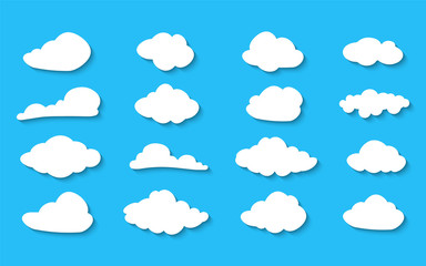 Clouds collection Vector illustration. White cloudy set isolated on blue background. White clouds of different shapes. Blue Cloud icon, cloud shape. Set of different sky.