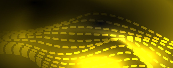 Smoky glowing waves in the dark. Dark abstract background with neon color light and wavy lines. Vector