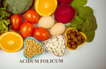 Healthy products and ingredients as source vitamin B9 (acidum folicum), natural minerals, concept of nutritious eating.