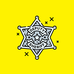 Old Deputy Sheriff badge icon. Wild west Ranger star symbol on yellow background. Vector illustration.