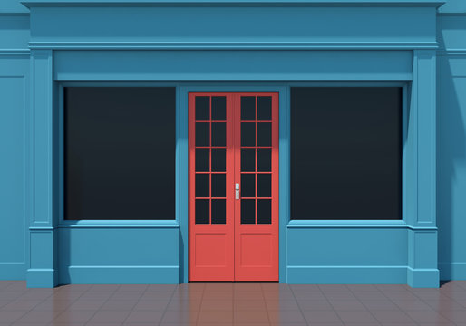 Classic blue shopfront with red door and large windows. Small business blue store facade