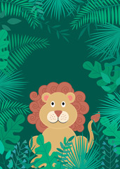 Vector illustration with tropical leaves and lion on dark background.