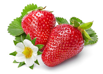 Strawberries with green leaf and flowers, isolated on white background.