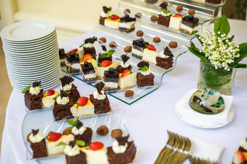 Catering. Off-site food. Buffet table with various sweet chocolate canapes, sandwiches and snacks with curd, strawberries, cheese and mint