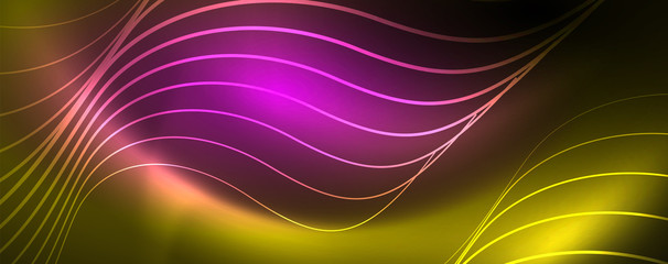 Bright neon circles and wave lines, glowing shiny background design template, digital techno concept.