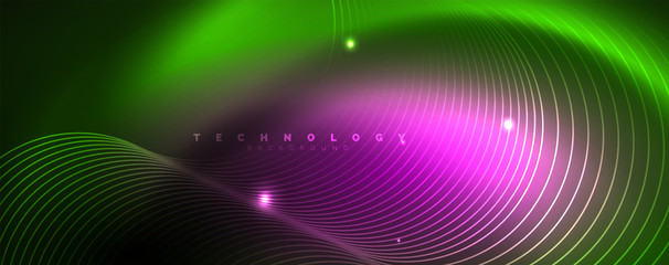 Shiny neon lines template - northern lights glowing blur lines. Futuristic style glow neon 80s disco club or night party techno template