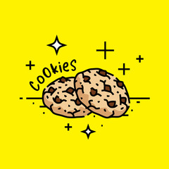 Chocolate chip cookies line icon. Sweet food biscuit snack cartoon graphic on yellow background. Vector illustration.