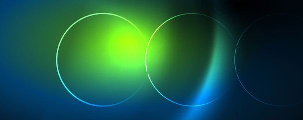 Trendy neon blue abstract design with waves and circles. Neon light glowing effect. Abstract digital background.