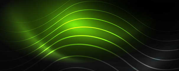 Dark abstract background with bright color neon lights and lines. Glowing background