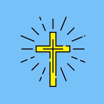 Religious Christian Cross line icon. Yellow Catholic crucifix sign with light rays on blue background. Easter celebration. Vector illustration.
