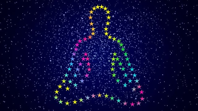 Silhouette of a yogi in the lotus position of multicolored iridescent stars against the starry sky.