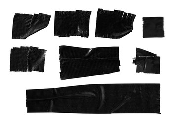 Set of black tapes on white background. Torn horizontal and different size black sticky tape, adhesive pieces.