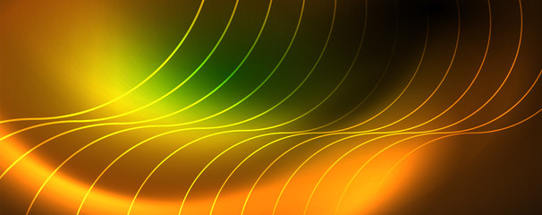 Shiny neon lines template - northern lights glowing blur lines. Futuristic style glow neon 80s disco club or night party techno template