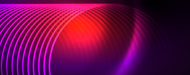 Shiny neon lights, dark abstract background with blurred magic neon light curved lines