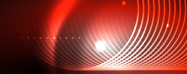 Shiny neon lights, dark abstract background with blurred magic neon light curved lines