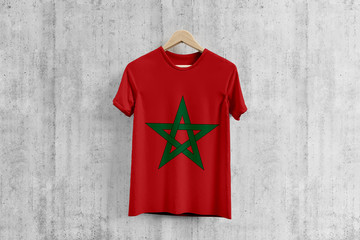 Morocco flag T-shirt on hanger, Moroccan team uniform design idea for garment production. National...