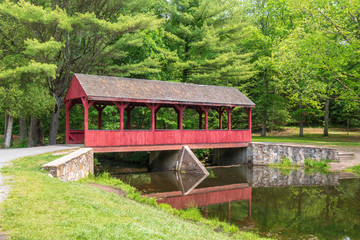 Red covered bridge near a forest
