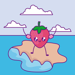summer poster with strawberry in island kawaii