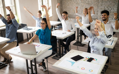 Successful happy group of people learning software engineering and business during presentation