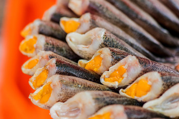 Pile of Dried Trichogaster pectoralis fish close up