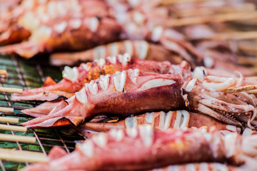 Grilled squid on grill with skewer sticks at street food