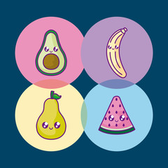 watermelon with pear and set icons kawaii