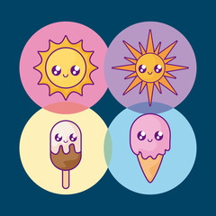 set of ice creams and suns kawaii