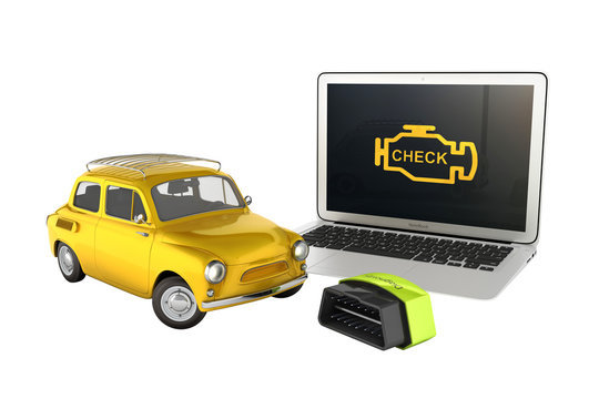 Car diagnostic concept Close up of laptop with OBD2 wireless scanner and retro car on white background 3d illustration without shadow