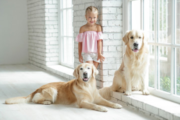 child with a dog at home 