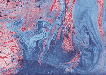 Contemporary painting. Unique hand painted image for creative design of posters, cards, banners, invitations, wallpapers. Modern piece of art. Mixed media artwork. Flowing red and blue paints.