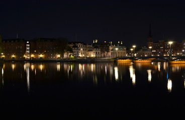 Fototapeta na wymiar Nighttime photograph of Gamla Stan, Stockholm, Sweden, seen across water.