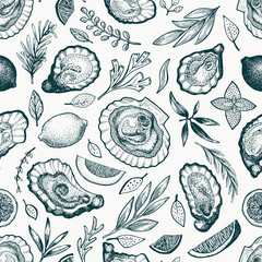 Oysters and spices seamless pattern. Hand drawn vector illustration. Seafood banner. Can be used for design menu, packaging, recipes, label, fish market, seafood products.