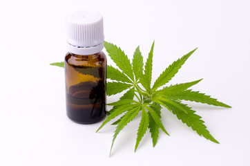 Cannabis plant leaves and cannabis extract oil in the bottle. Medicine theme background.