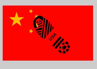China versus USA. Sole on flag. Trade war, economic war. Tax tariff, price war