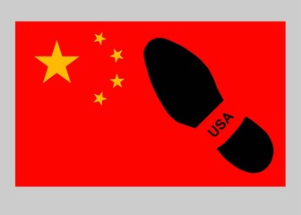 China versus USA. Sole on flag. Trade war, economic war. Tax tariff, price war