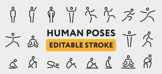 Human Man Body Poses. Line Icons Set. Positions, Yoga, Meditation, Standing, Waving Hand, Walking, Sitting, Running, Jumping, Praying, Stretching. Editable Stroke.