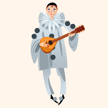 Pierrot playing mandolin. Сharacter of the Italian commedia dell’arte.