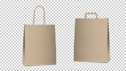 Shopping empty bags isolated, two different blank recyclable brown paper bags with handles for packaging and shopping