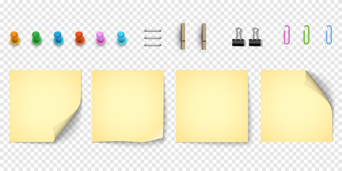 Yellow note paper with curled corner, collection of various elements