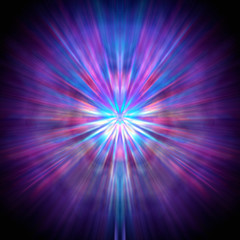 Bright rays of light in pink and blue shine from the center forming a circle on a black background.