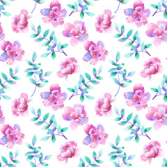 Beautiful purple pink flowers and green purple branches. Floral seamless pattern. Hand drawn watercolor illustration. Texture for print, fabric, textile, wallpaper.