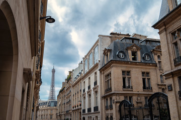 Fototapeta na wymiar Parisian residential buildings with Eiffel Tower