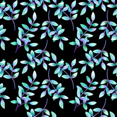 Beautiful branches with green purple blue leaves. Seamless pattern. Hand drawn watercolor illustration. Texture for print, fabric, textile, wallpaper.