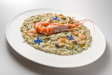 Risotto dish with borage shrimp and seafood