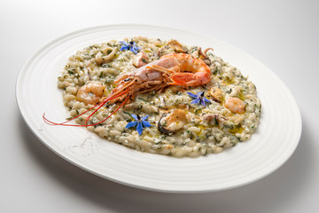 Risotto dish with borage shrimp and seafood