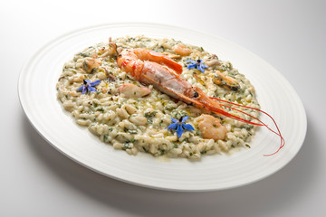 Risotto dish with borage shrimp and seafood