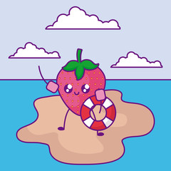 summer poster and strawberry with floats in island kawaii