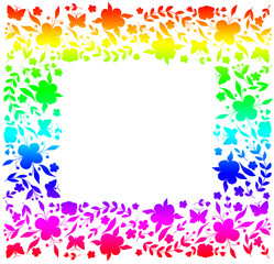Square frame with colorful flowers on white background. Rainbow.