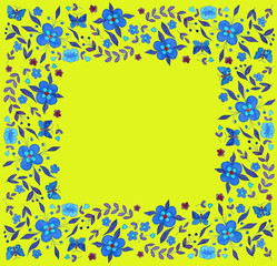 Blue watercolor flowers, frame on yellow background